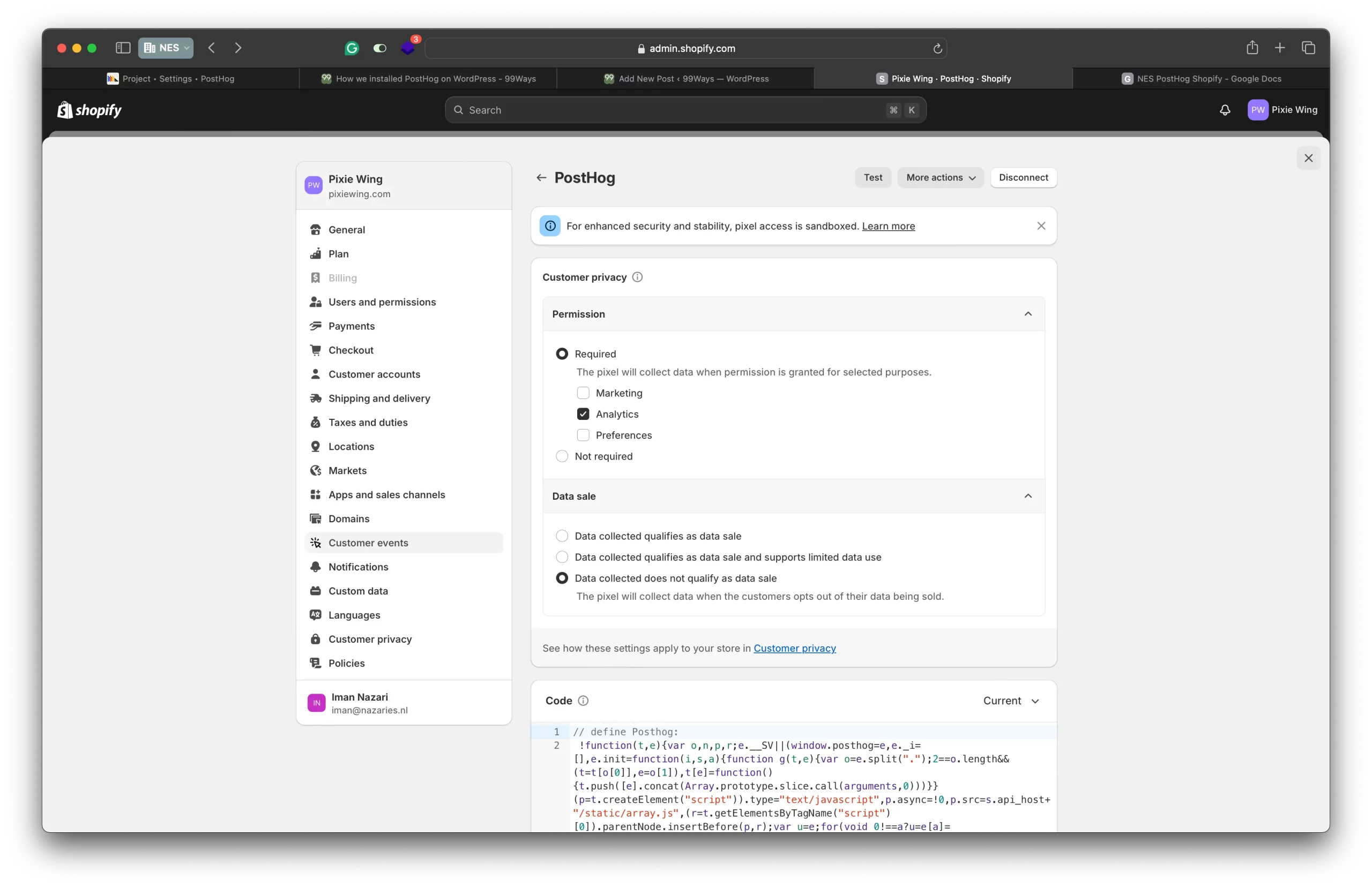 Shopify Customer events settings for the PostHog pixel with Analytics permission selected